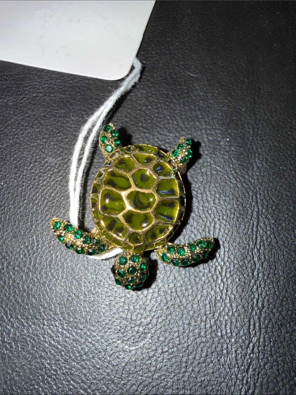 Gold-Tone Green Turtle Brooch with Enamel Shell and Green Crystal Accents